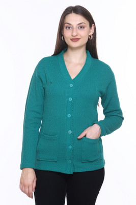 HouseOfCommon Solid V Neck Casual Women Green Sweater