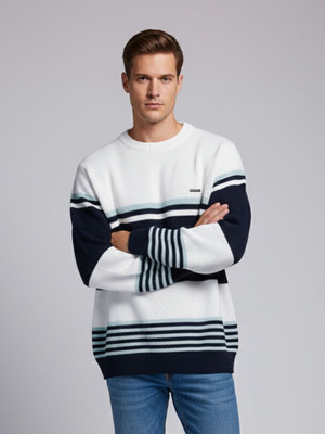 WAY TO TRENDY Striped Round Neck Casual Men Dark Blue Sweater