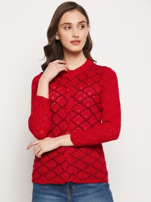Zigo Self Design Round Neck Casual Women Red Sweater
