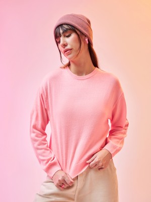 BEWAKOOF Solid Round Neck Casual Women Pink Sweater