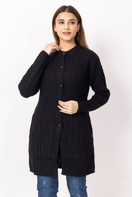 Dodge Self Design, Woven Round Neck Casual Women Black Sweater