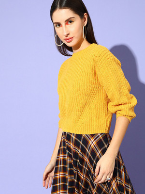STREET9 Self Design Round Neck Casual Women Yellow Sweater