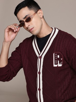 Roadster Self Design V Neck Casual Men Brown Sweater