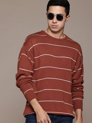 Roadster Striped Round Neck Casual Men Red Sweater