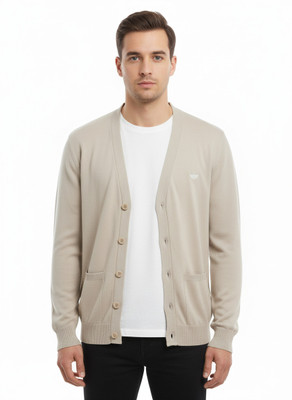 VOMAZO Solid V Neck Formal Men Beige Sweater