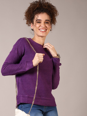 V-MART Self Design Round Neck Casual Women Purple Sweater
