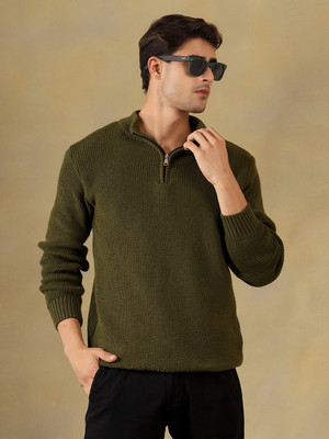 KVETOO Solid High Neck Casual Men Green Sweater