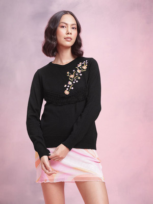 Dressberry Embroidered V Neck Casual Women White Sweater