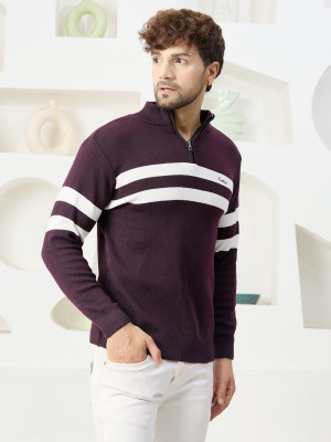 KVETOO Woven High Neck Casual Men Purple Sweater