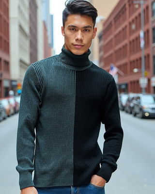 BEWAKOOF Colorblock Turtle Neck Casual Men Blue Sweater
