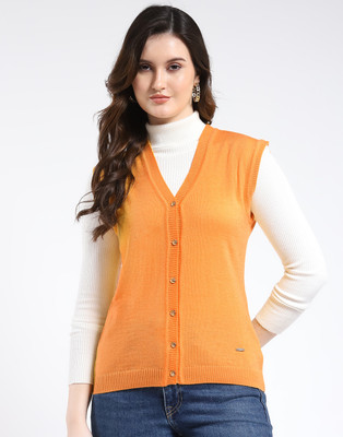 MONTE CARLO Solid V Neck Casual Women Yellow Sweater