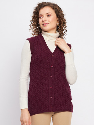 DUKE Self Design V Neck Casual Women Maroon Sweater