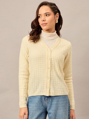 Roadster Solid V Neck Casual Women White Sweater