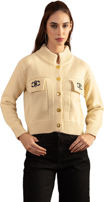 GFO Printed Round Neck Casual Women White Sweater