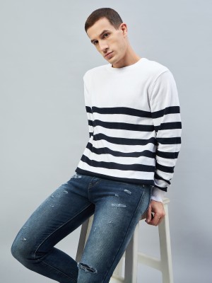 Club York Striped Round Neck Casual Men White Sweater