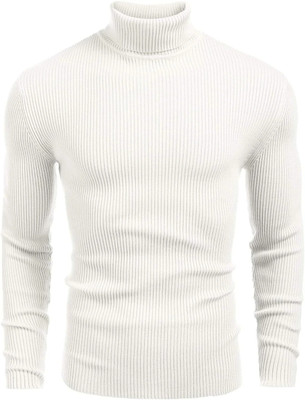 HouseOfCommon Self Design High Neck Casual Men White Sweater