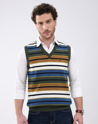 MONTE CARLO Striped V Neck Casual Men Green Sweater