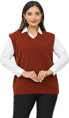 Louis Carlo Solid V Neck Formal Women Brown Sweater