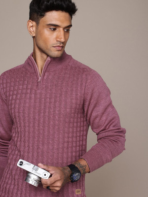 Roadster Self Design High Neck Casual Men Pink Sweater