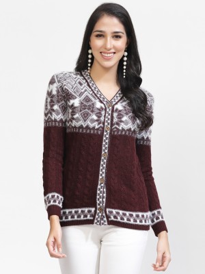 KALT Self Design V Neck Casual Women Maroon Sweater