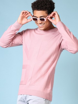 V-MART Self Design Round Neck Casual Men Pink Sweater