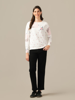 Albion Floral Print Round Neck Casual Women White Sweater