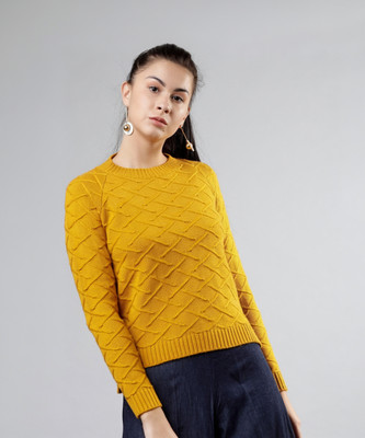 Tokyo Talkies Solid Round Neck Casual Women Yellow Sweater