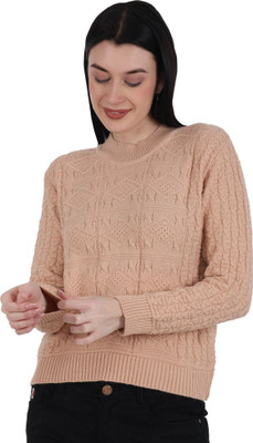 HITTIKA Self Design V Neck Casual Women Beige Sweater