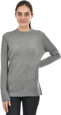 AMERICAN EYE Self Design Round Neck Casual Women Grey Sweater