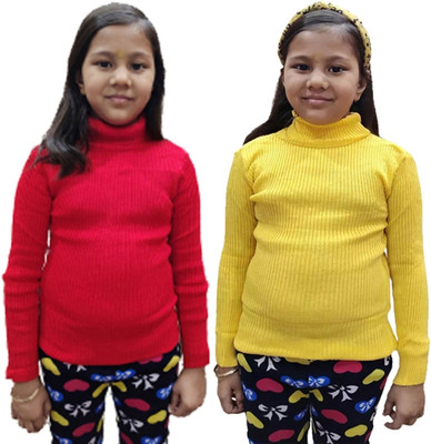 LOVO Solid Turtle Neck Casual Baby Girls Red, Yellow Sweater