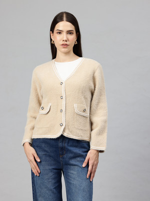 PIERRE CARLO Striped Round Neck Casual Women Beige Sweater
