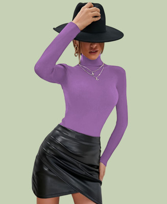 Lecowar Solid High Neck Casual Women Purple Sweater