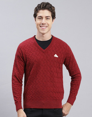 MONTE CARLO Self Design V Neck Casual Men Maroon Sweater