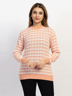 LEZA Striped Round Neck Casual Women Pink Sweater