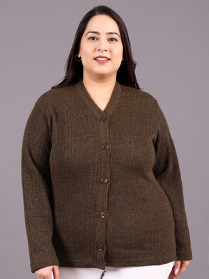hifzaa Self Design V Neck Casual Women Brown Sweater
