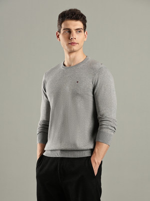 TOMMY HILFIGER Solid Round Neck Casual Men Grey Sweater