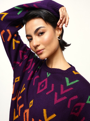 High Star Printed Round Neck Casual Women Multicolor Sweater