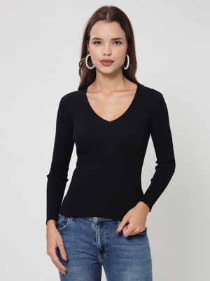 KALT Self Design V Neck Casual Women Black Sweater