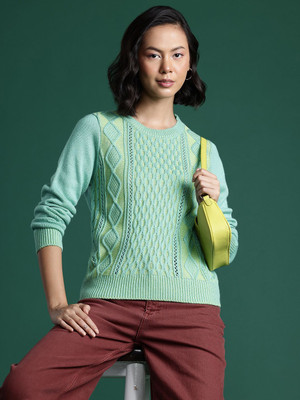 Dressberry Self Design Round Neck Casual Women Green Sweater