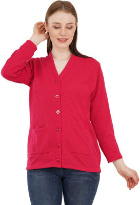 LE ARC Solid V Neck Casual Women Red Sweater