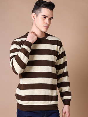 V-MART Striped Round Neck Casual Men Brown Sweater