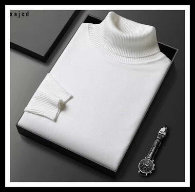 T-40 Solid High Neck Casual Men White Sweater