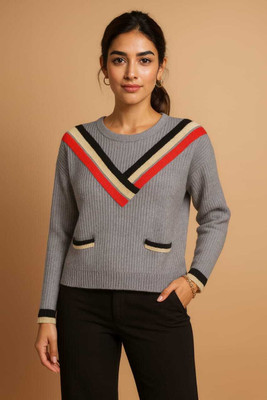 Flora fab by rashmi Self Design Crew Neck Casual Women Light Blue, Multicolor Sweater