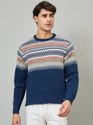 DUKE Colorblock, Printed Round Neck Casual Men Blue Sweater
