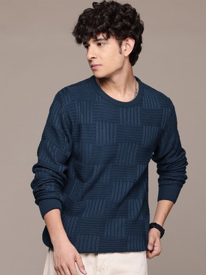 Roadster Self Design Round Neck Casual Men Blue Sweater