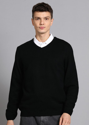 PARK AVENUE Solid V Neck Casual Men Black Sweater
