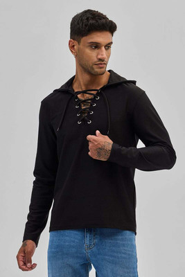 Snitch Solid Hooded Neck Casual Men Black Sweater