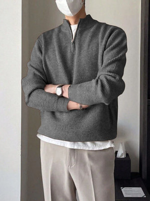 COLORCHAKRA Self Design High Neck Casual Men Grey Sweater