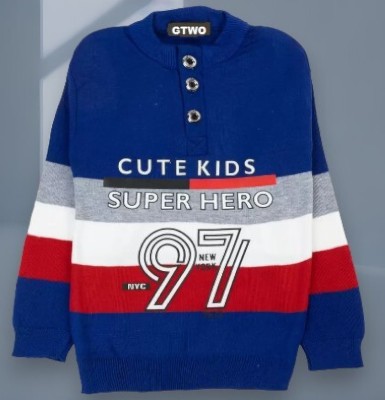 GTwo Colorblock Round Neck Casual Boys Blue Sweater