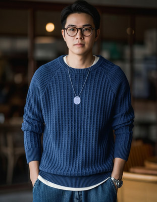 FASHLOOK Solid Round Neck Casual Men Blue Sweater